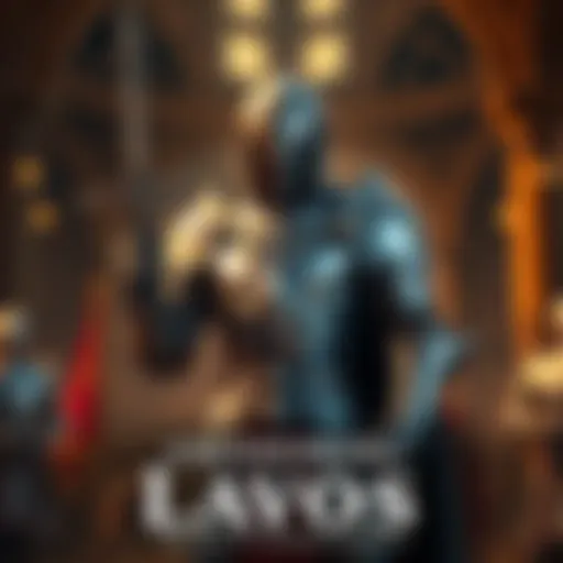 A heroic figure in shining armor stands proudly in a medieval setting, representing the Royal Knight Lavos with a sword drawn and a determined expression.