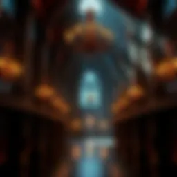 A grand castle interior with gothic architecture, featuring ornate chandeliers and dark shadows, representing the royal themes found in Resident Evil games.