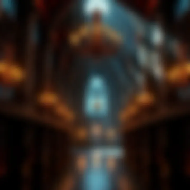 Royal Setting in Resident Evil A grand castle interior with gothic architecture, featuring ornate chandeliers and dark shadows, representing the royal themes found in Resident Evil games.