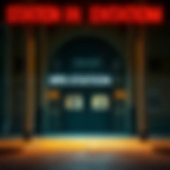 The entrance of RPD station in Requiem, showing a dark and weathered facade with flickering lights, hinting at uncertainty inside.