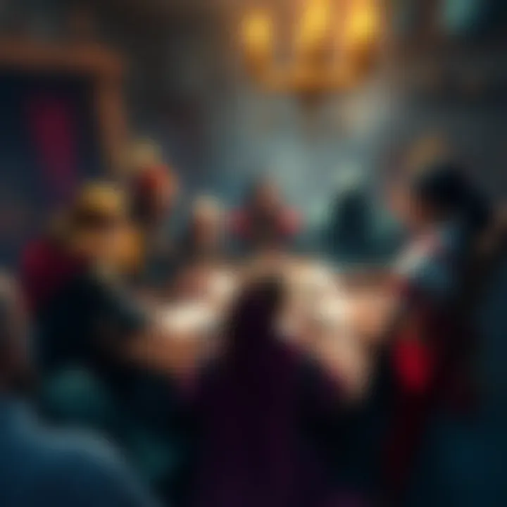 A vibrant scene depicting diverse RPG characters sharing their wild backstories around a tabletop, with dice and character sheets scattered about.