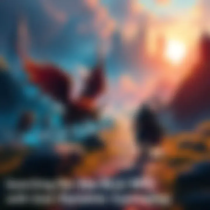 A colorful fantasy landscape with a character battling monsters, showcasing dynamic gameplay and user choices in action