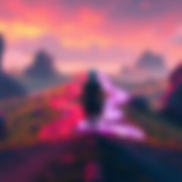 A character in an RPG game standing at a crossroads, contemplating different paths that represent choices in the game. The character is dressed in a futuristic outfit, surrounded by colorful landscape...