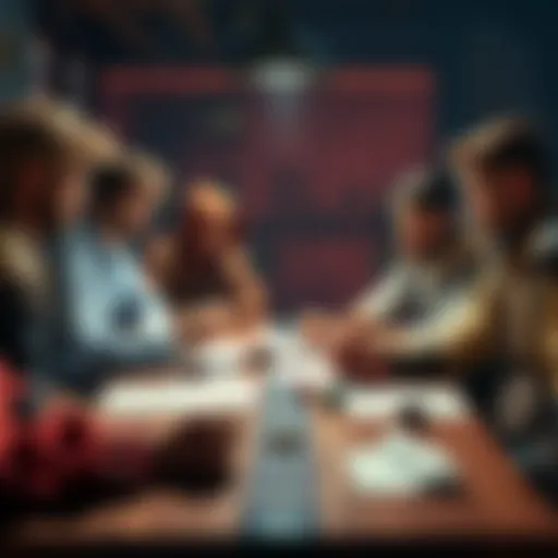 RPG Character Creation A group of players discussing character backstories for their RPG game, with papers and dice on the table, demonstrating character depth and engagement.