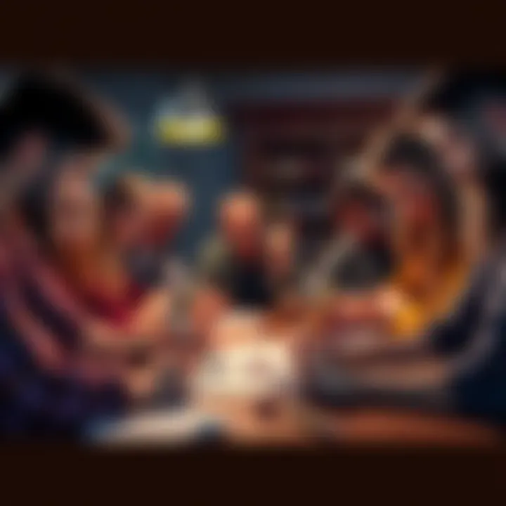 Group of people creating RPG characters A group of friends gathering around a table, sketching out diverse RPG characters with notes and dice in front of them.