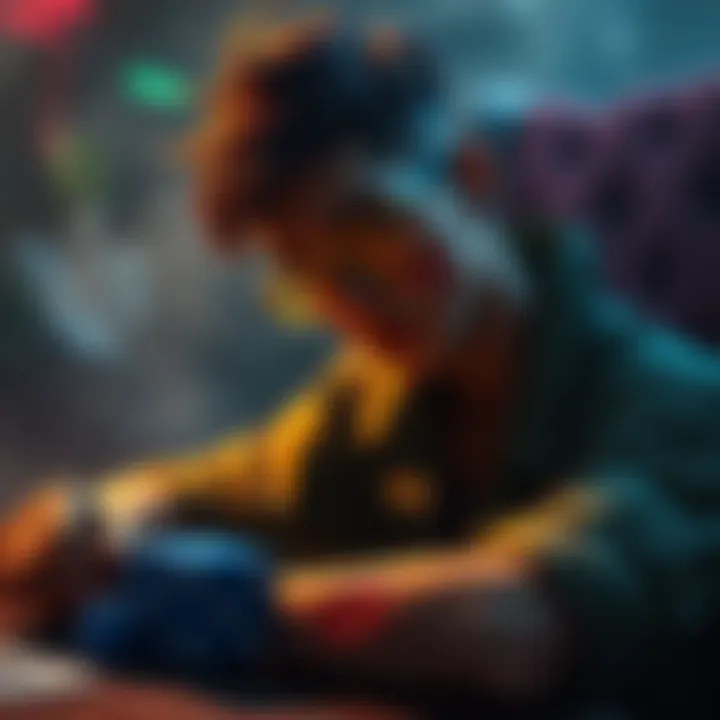 A tabletop RPG character showing lasting injuries, engaged in a campaign setting with dice and character sheets around.