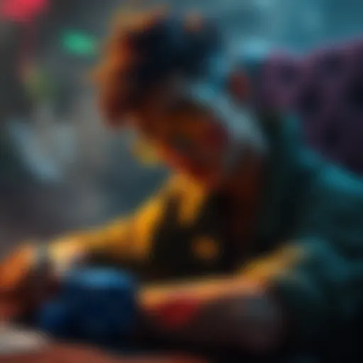 RPG Character with Visible Injuries A tabletop RPG character showing lasting injuries, engaged in a campaign setting with dice and character sheets around.