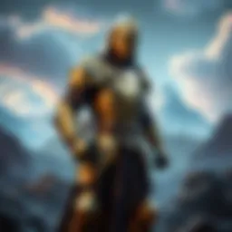 An RPG character standing with bronze armor transitioning to shiny mithril gear, set against an adventurous background.
