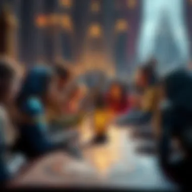 A group of players discussing character creation options with a mix of fantasy race illustrations on a table