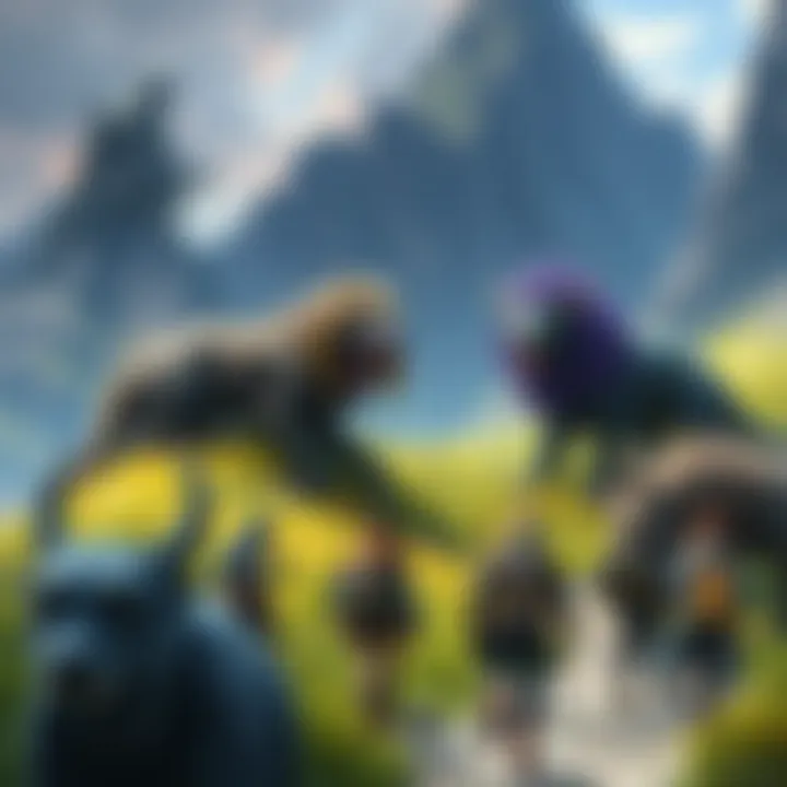 A group of RPG characters exploring a fantasy landscape with magical creatures and companions alongside them