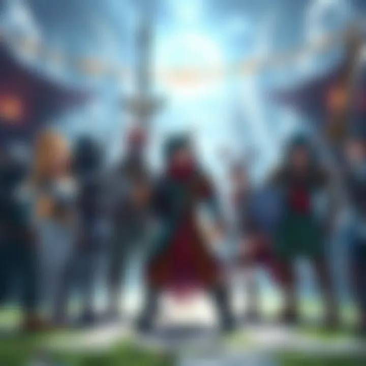 A group of fantasy RPG characters standing together, showing diverse styles and weapons, in a vibrant game world setting.