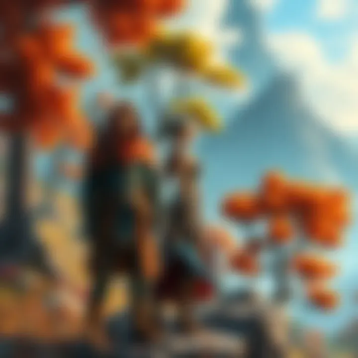 Two iconic RPG characters standing in a fantasy landscape with trees and mountains in the background, showcasing their unique styles and gear.