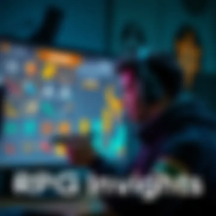 A gamer analyzing game elements like skill trees and weapons on a screen