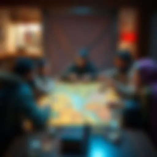 A tabletop gaming scene with players gathered around a colorful map, discussing rules and creating a homebrew world for D&D 5e.