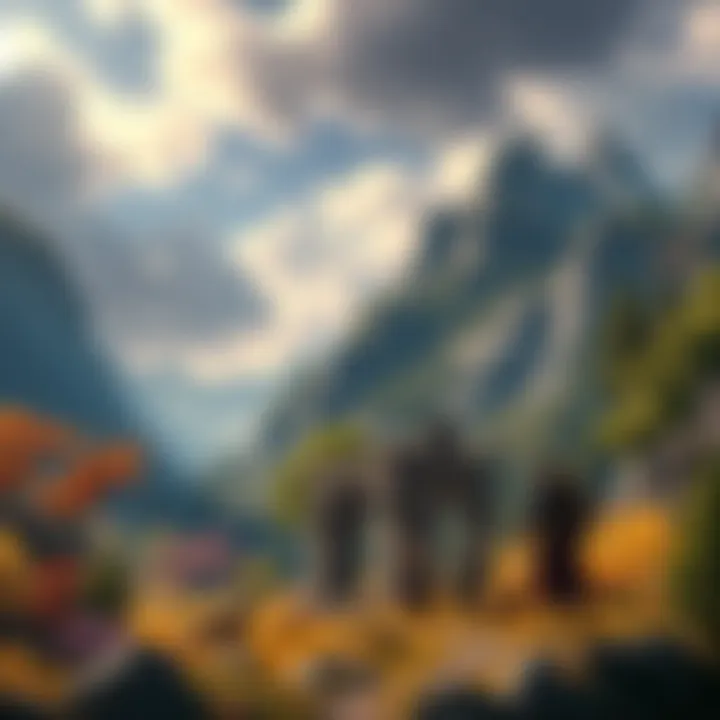 A scene depicting various RPG characters exploring a vibrant fantasy landscape filled with lush forests, towering mountains, and ancient ruins.