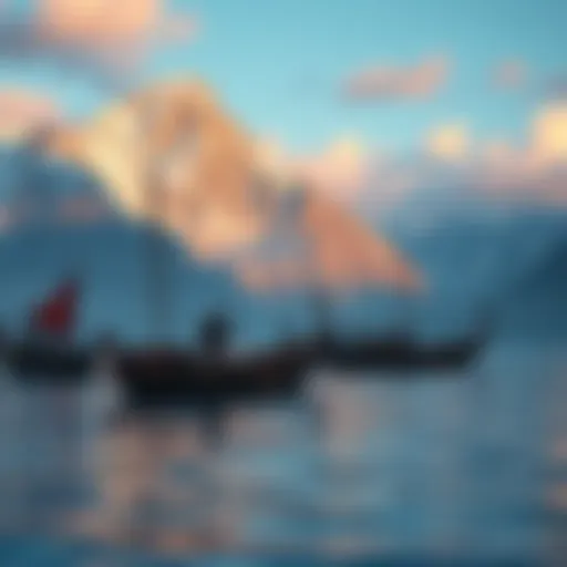 A group of adventurers in a mountainous landscape with Viking longboats on a calm sea, ready for an RPG quest.