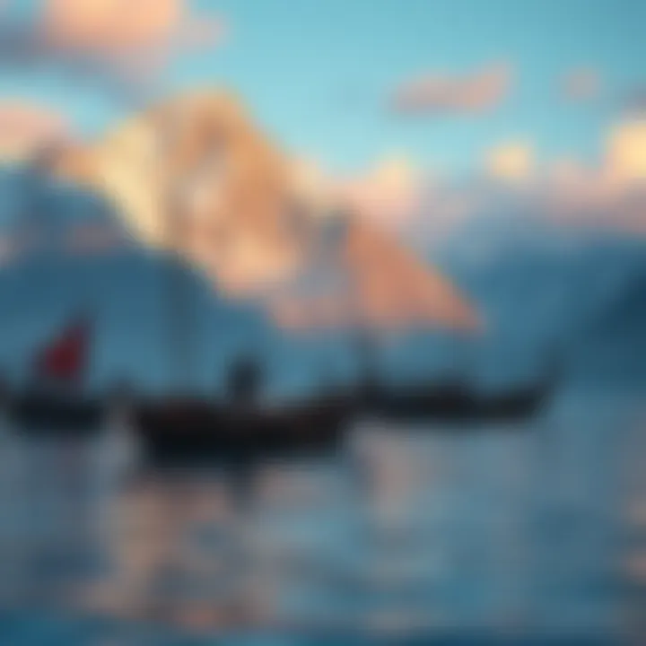 A group of adventurers in a mountainous landscape with Viking longboats on a calm sea, ready for an RPG quest.