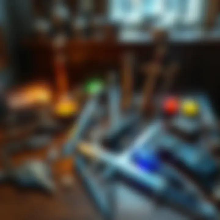 A collection of rare and unique items from RPG games, including swords and magical artifacts, displayed on a wooden table.