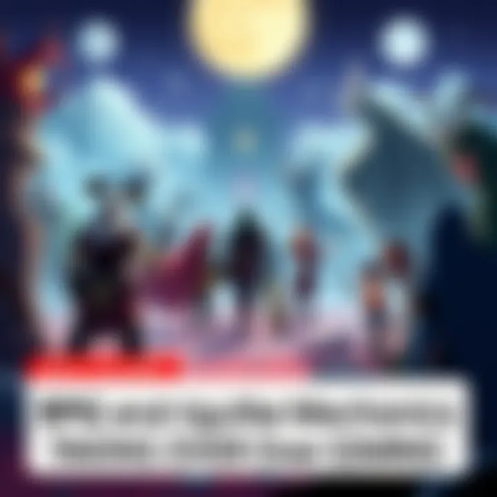 An illustrated scene showing characters from RPG and roguelike games interacting, with elements like dungeons and mythical creatures in the background.