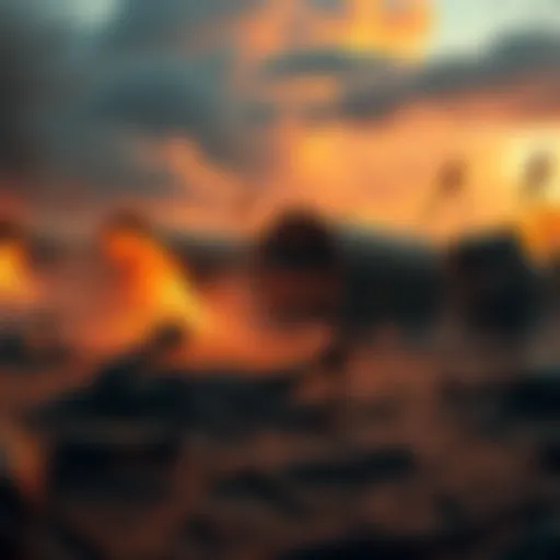 A real-time strategy game scene showing soldiers consuming food and trade wagons near a battlefield with rotting bodies