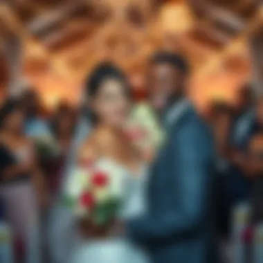 Rtz and Dove smiling together during their wedding ceremony, surrounded by friends and family celebrating their love