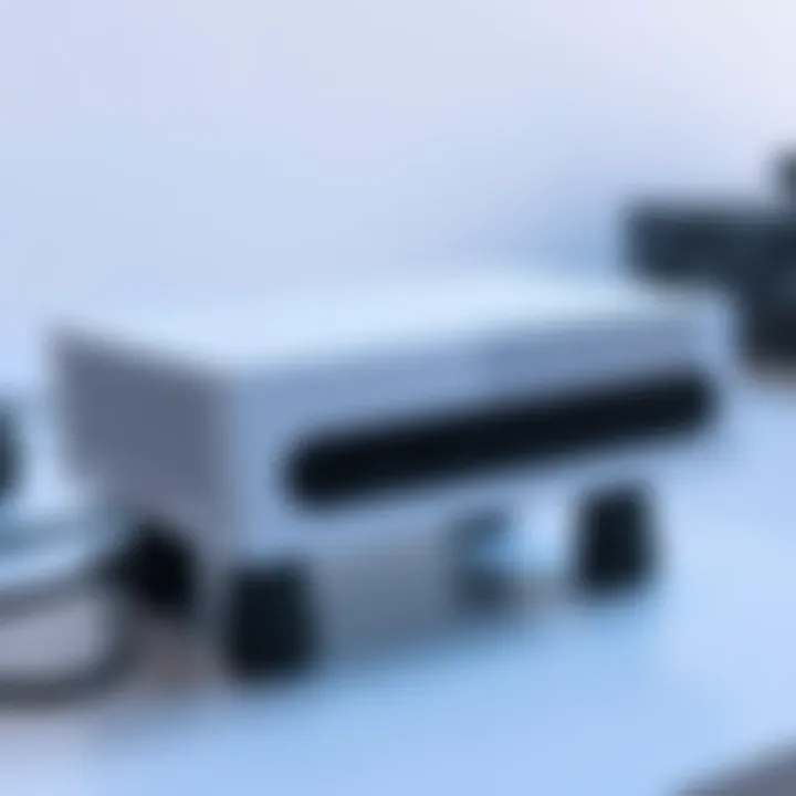 An elevated Xbox Series S with rubber feet, placed on a surface. Cables are visible, showing reduced strain. Ventilation spaces are clear.