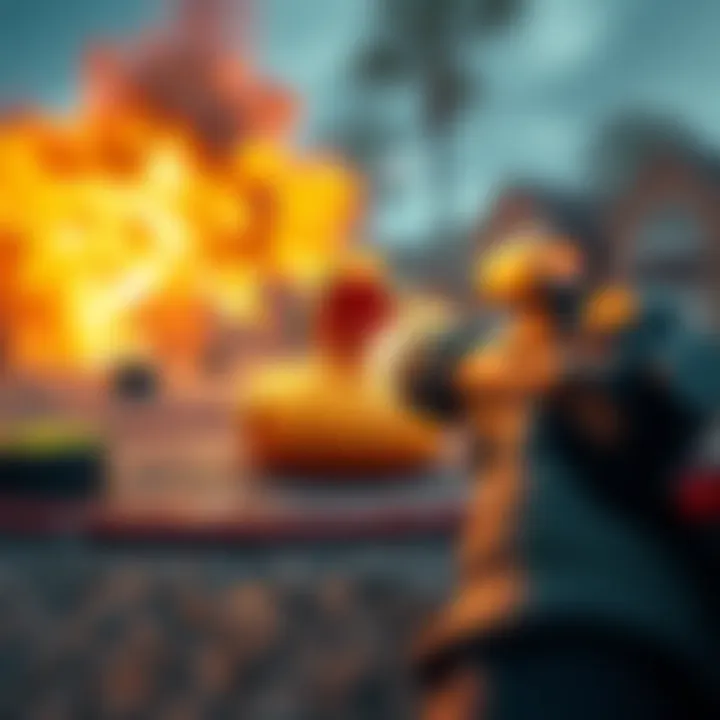 A gaming scene showing a rubber duck explosive set up as a target, with a player ready to initiate the explosion, highlighting strategy in gameplay.