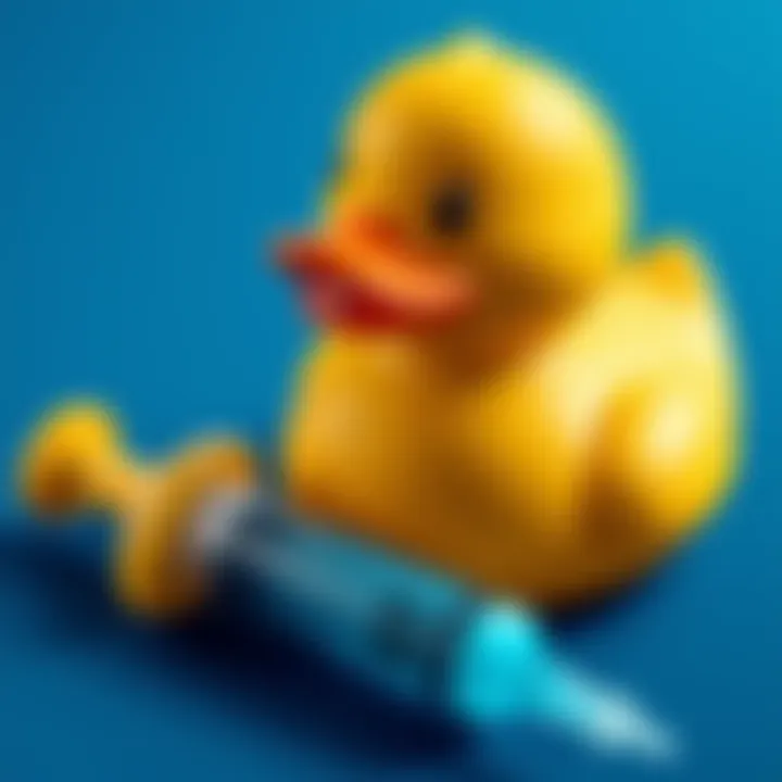 A rubber duck next to a lethal syringe, highlighting unusual explosive equipment.