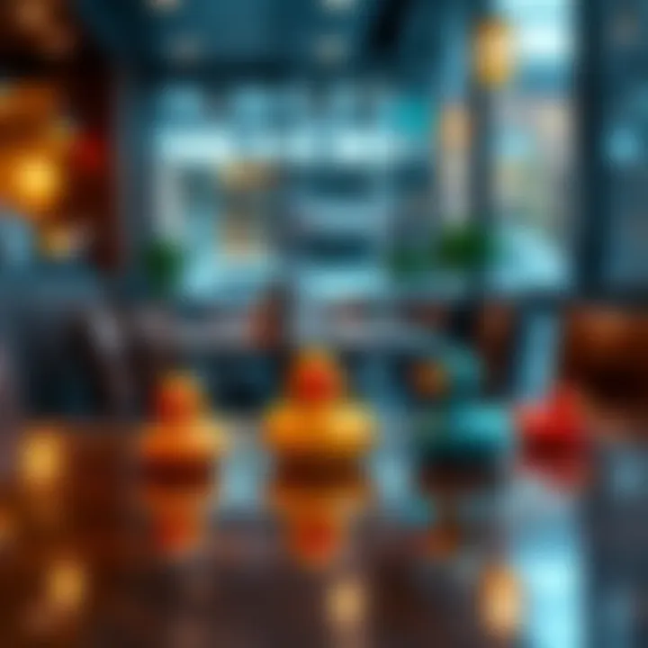 A playful scene showing colorful rubber duckies placed on a dining table in a restaurant, adding joy to the dining experience