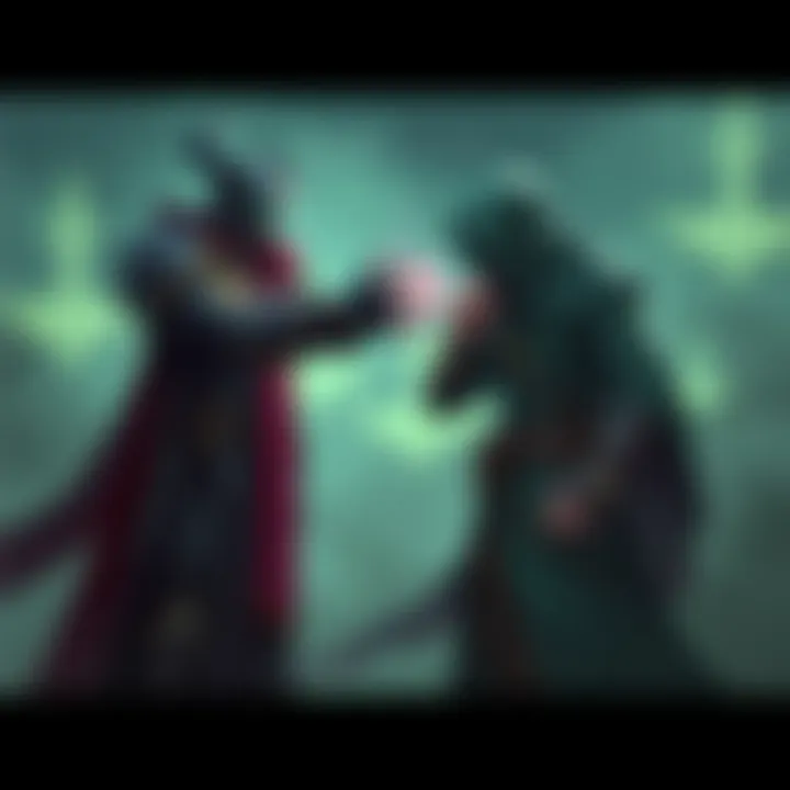 Rubick confronting Silencer Rubick stands confidently, casting a spell towards Silencer, who appears defeated. The scene captures the tension between the two Dota2 heroes after a match.