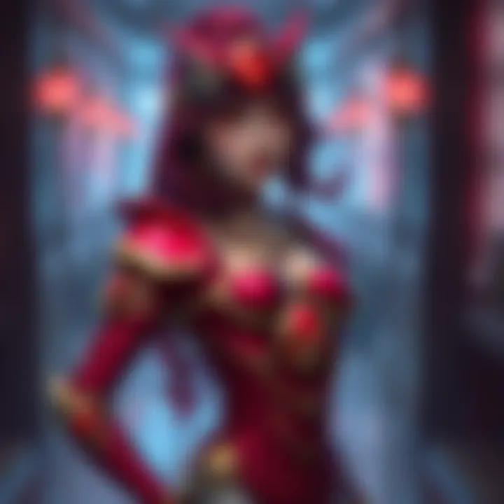 A person wearing a detailed Ruby cosplay costume with bright red colors and intricate designs, posing confidently