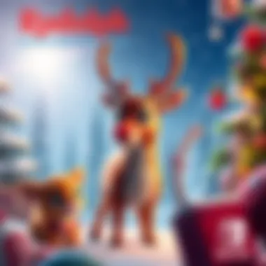 Rudolph and friends from the game on Nintendo Switch, set in a festive winter scene with snowflakes and Christmas decorations