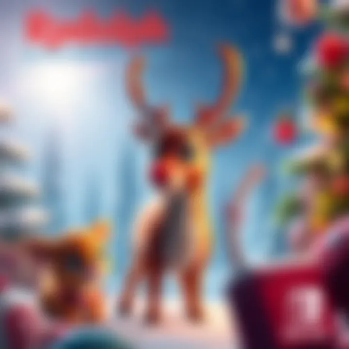 Rudolph the Red-Nosed Reindeer Nintendo Switch Game Rudolph and friends from the game on Nintendo Switch, set in a festive winter scene with snowflakes and Christmas decorations