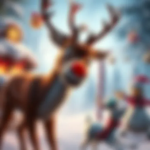 Rudolph with a glowing red nose in a snowy winter scene, surrounded by festive decorations and playful characters from the game.