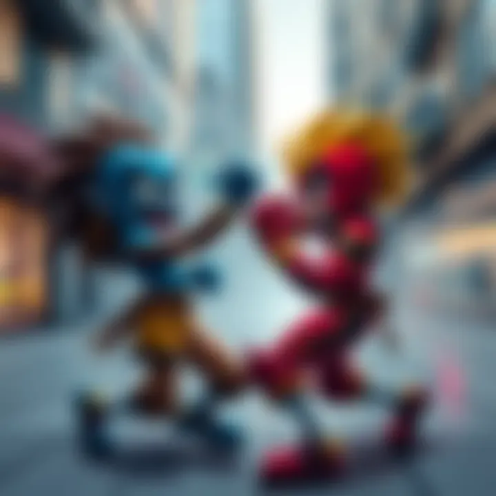 Two colorful Rumbleverse characters engaging in a playful fight in an urban setting, showcasing their unique styles and moves.