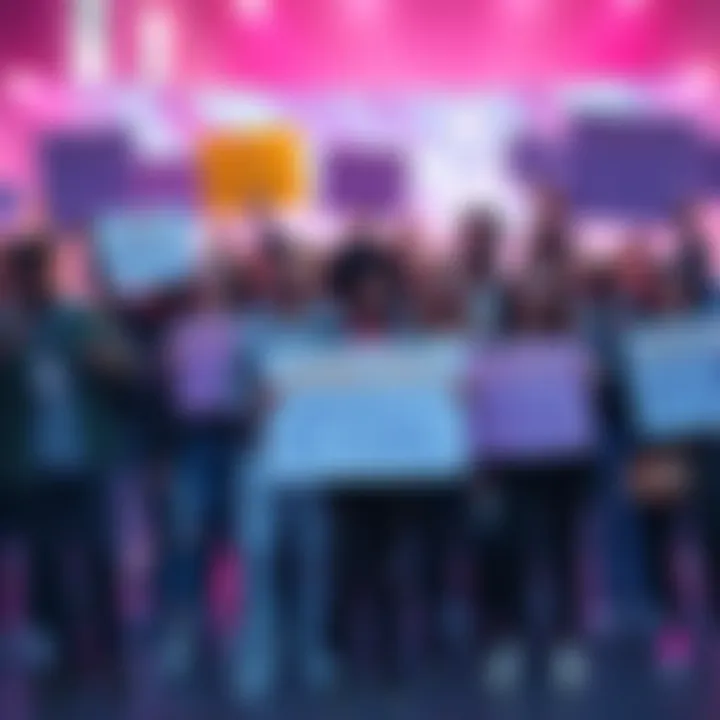 Rumbleverse Community Rally A diverse group of players standing together holding signs that promote the revival of Rumbleverse, with excitement and determination on their faces.