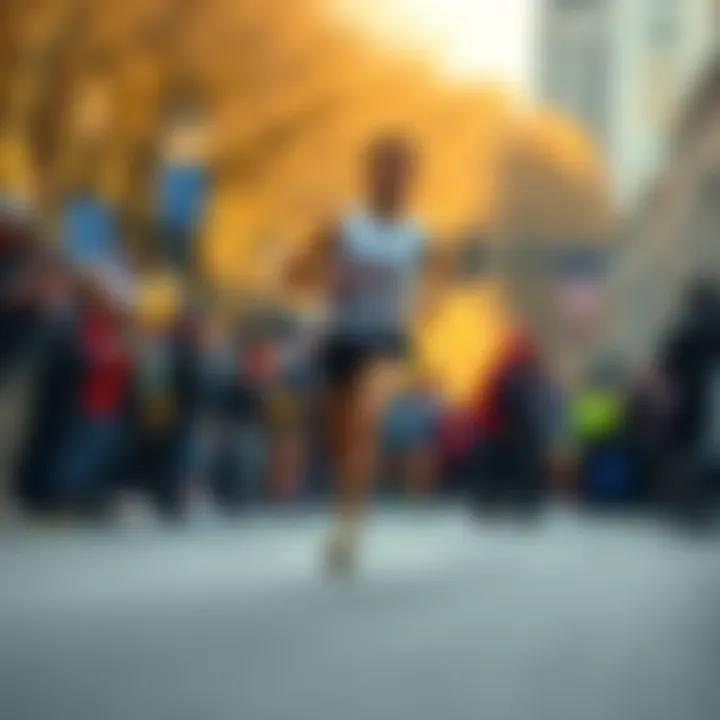 A marathon runner in motion, with a crowd of spectators in the background, capturing the runner's speed and energy during the race.