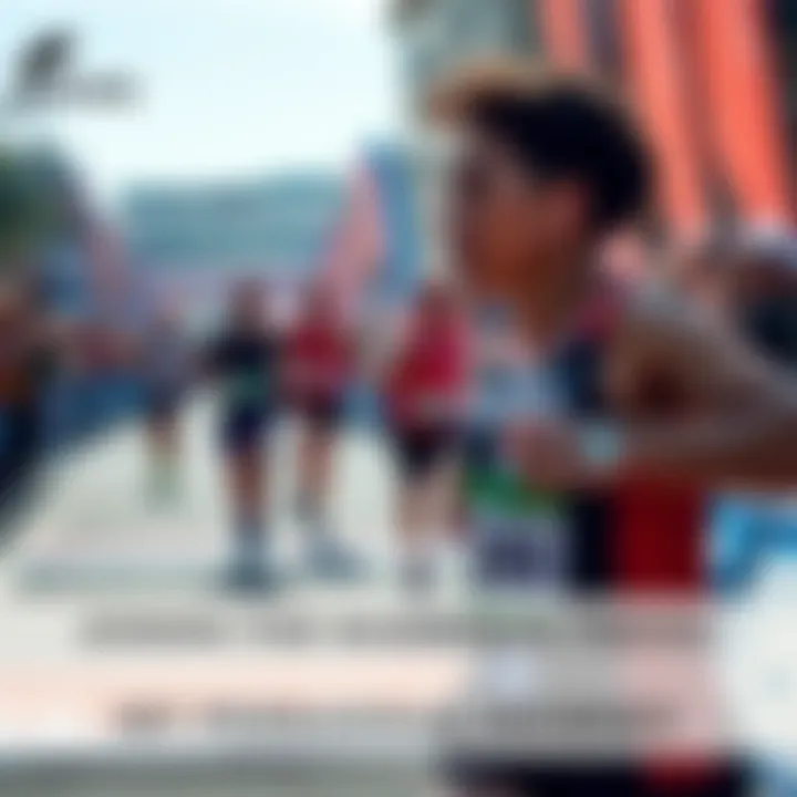 A determined runner crossing the finish line with a backdrop of cheering crowds