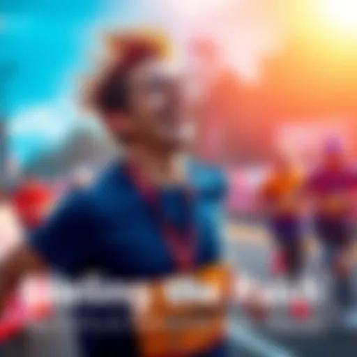 A runner, wearing a medal, smiles with excitement after completing a 5k race inspired by Hanzo, showcasing a vibrant running scene.