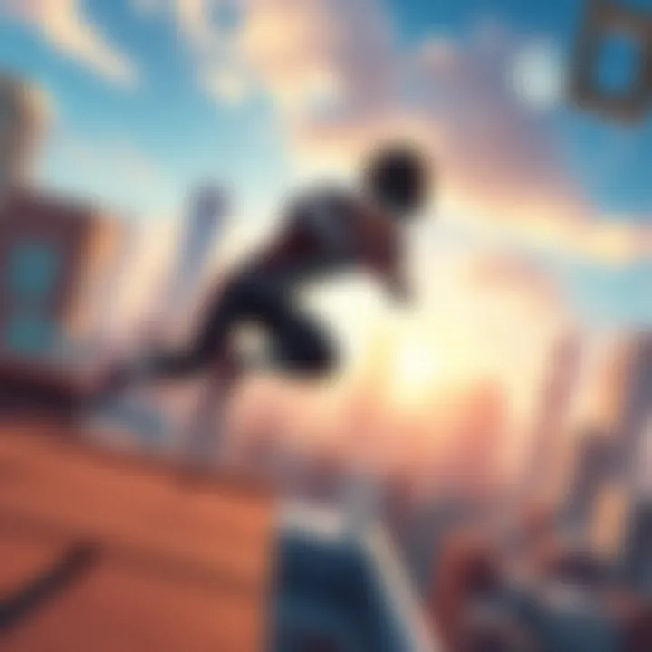 An animated character in a dynamic pose, jumping across rooftops in a vibrant urban environment, showcasing speed and agility.