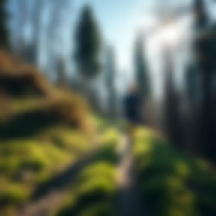 Runner on a Trail A person running on a scenic trail surrounded by trees and sunlight