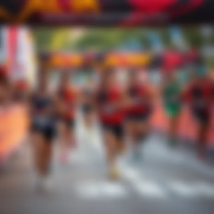 A group of runners crossing the finish line at the Marathon Alpha event, showing determination and camaraderie.