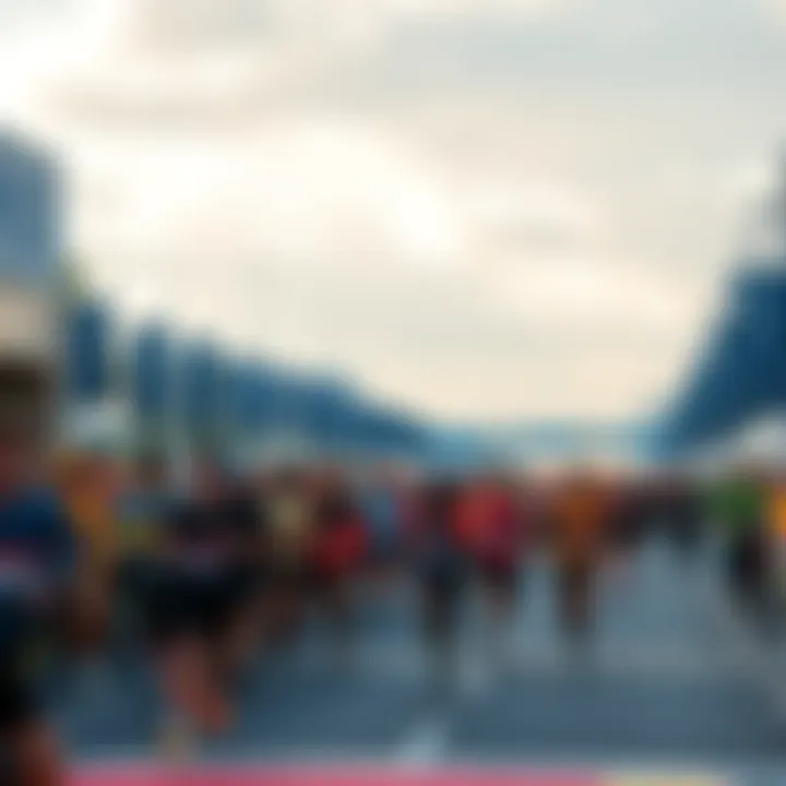 A lively scene with runners gathered at the start line of a marathon, showcasing excitement and anticipation before the race begins.