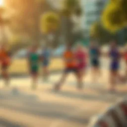 A group of enthusiastic runners stretching and warming up before a race event.