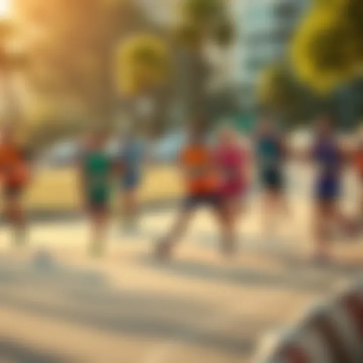 A group of enthusiastic runners stretching and warming up before a race event.