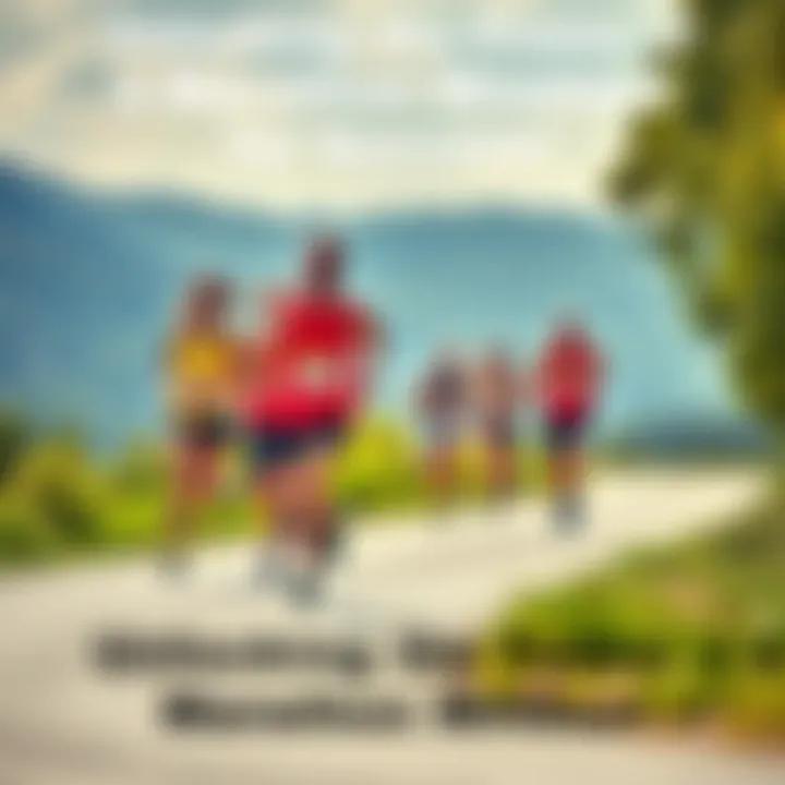 Runners training for a marathon A group of runners jogging on a scenic route, displaying endurance and determination in their marathon training.