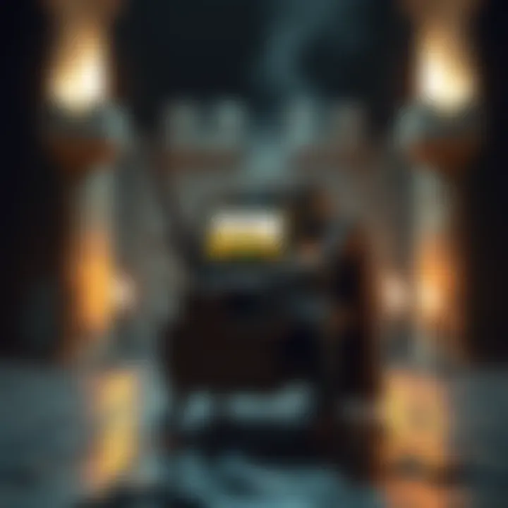 A medieval scene with a knight playing DOOM on a small, wooden device resembling ancient technology, surrounded by castle walls and torches.