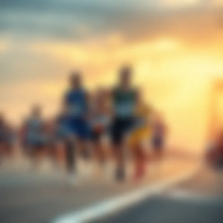 A group of diverse runners racing on a marathon course, showcasing determination and teamwork.