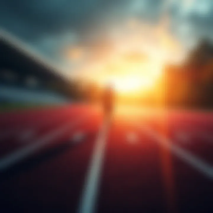 A person running on a track, with a blurred finish line in the distance, symbolizing the pursuit of material gains