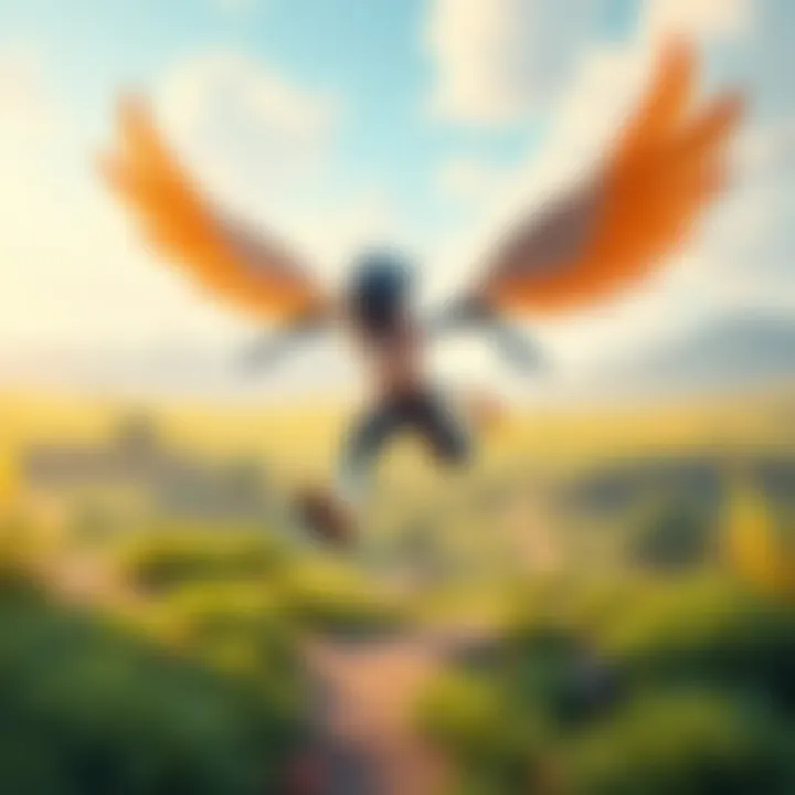 Running and Flying Game Character A character in a vibrant landscape, running and preparing to take off into the sky with wings outstretched.
